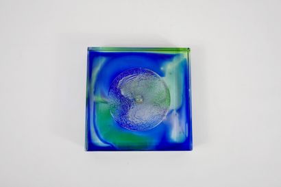 ASIA. Square paperweight, bluish glass, dragon...