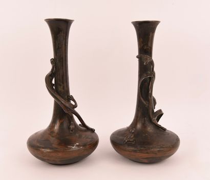 JAPAN. Pair of small patinated pewter vases,...
