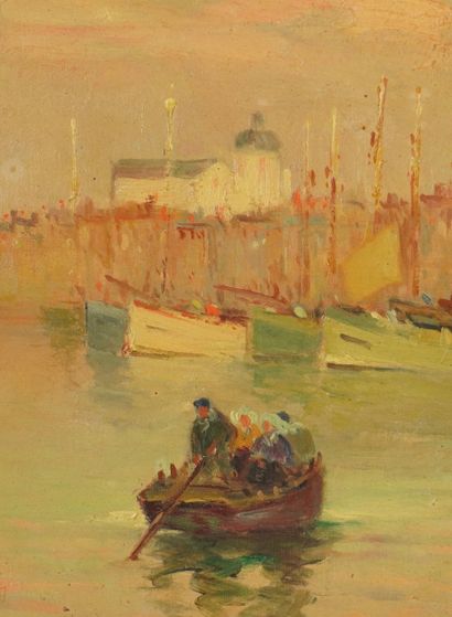 Oil on panel depicting a small port, view...