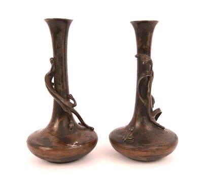 JAPAN. Pair of small patinated pewter vases,...