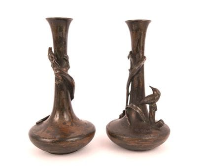 JAPAN. Pair of small patinated pewter vases,...