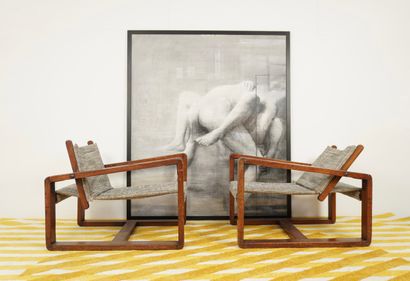 Pair of seats in exotic wood. Closer to the...