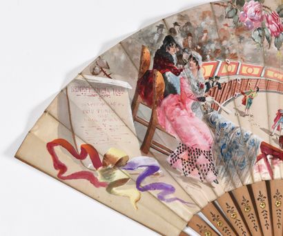 Large fan with engraved wooden strands. Bullfight...