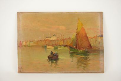 Oil on panel depicting a small port, view...
