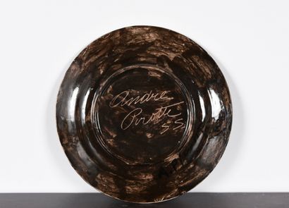 PIROTTE André (1927-). Ceramic plate, brown...