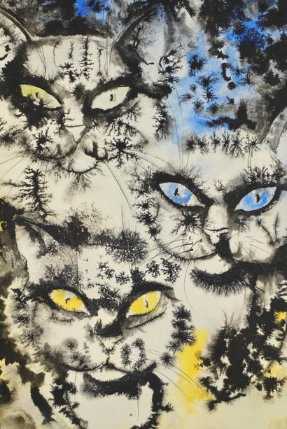 Watercolor depicting three cat heads. 
Size:...