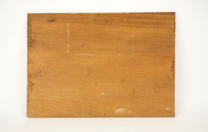 Oil on panel depicting a small port, view...
