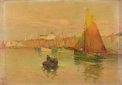 Oil on panel depicting a small port, view...