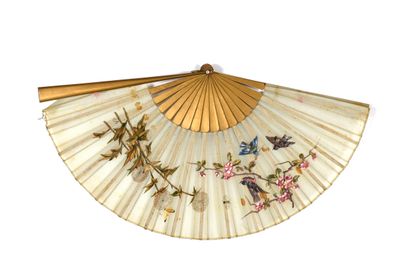 Silk fan with bird design, flowering branches....