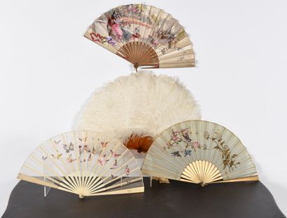 Silk fan with bird design, flowering branches....