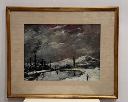 Gouache depicting a snowy landscape in grisaille....