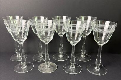 Eight glasses on foot circa 1900.
Acid work.
H:...