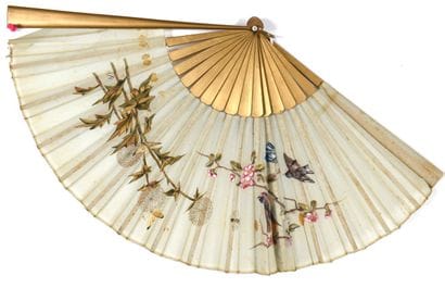 Silk fan with bird design, flowering branches....