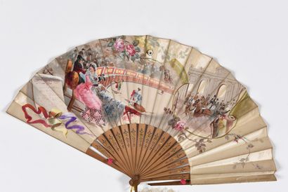 Large fan with engraved wooden strands. Bullfight...