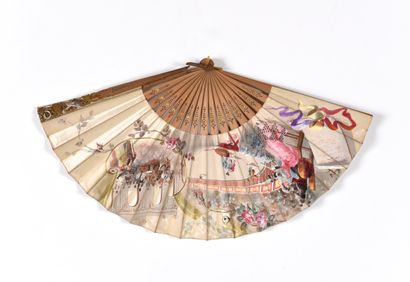 Large fan with engraved wooden strands. Bullfight...