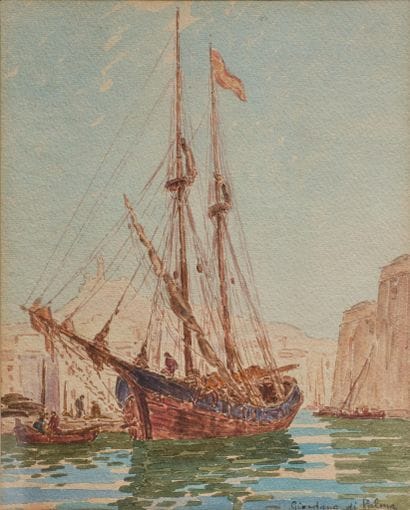 Giorgio DI PALMA (XX),
Scène de port animée...