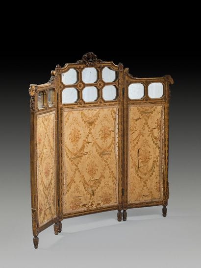 A three-panel folding screen made of stuccoed...