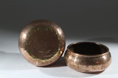 A pair of two circular copper-plated brass...