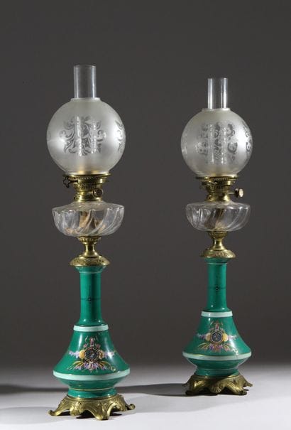 Pair of porcelain-barreled kerosene lamps...