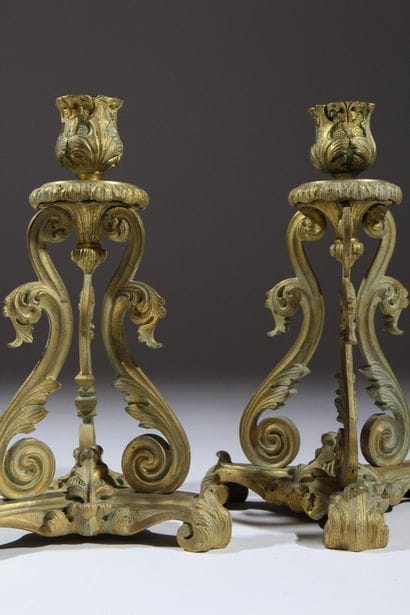 Pair of gilded, chiseled bronze candlesticks...