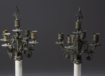 Pair of five-light candelabra in white marble...