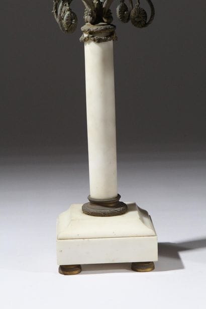 Pair of five-light candelabra in white marble...