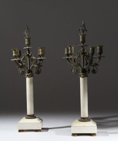 Pair of five-light candelabra in white marble...