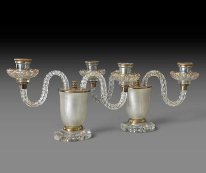 Pair of two-light lamps made of twisted glass,...