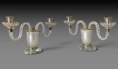 Pair of two-light lamps made of twisted glass,...