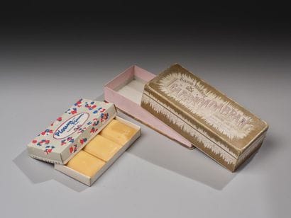 Reunion of two printed cardboard soap boxes,...