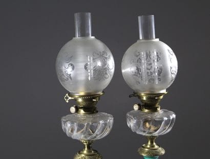 Pair of porcelain-barreled kerosene lamps...