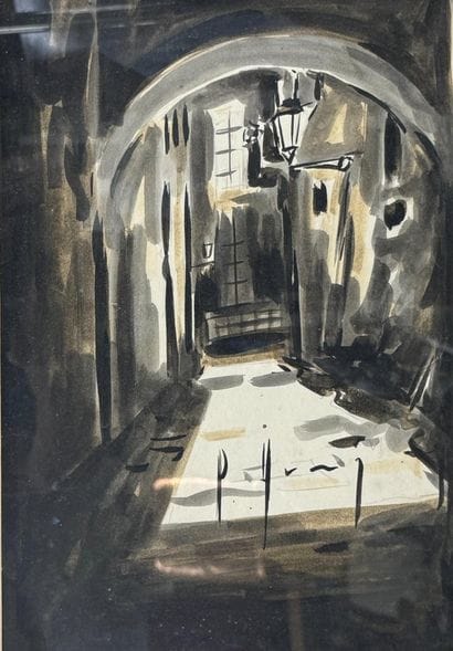 ECOLE MODERNE. 
Vue d'une ruelle. 
Lavis...
