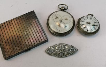 Set comprising a silver gusset watch, silver...