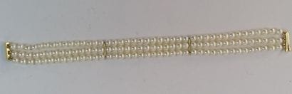 Bracelet of 3 rows of pearls and gold cl...