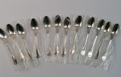 12 silver mocha spoons 1st title punch Minerva...