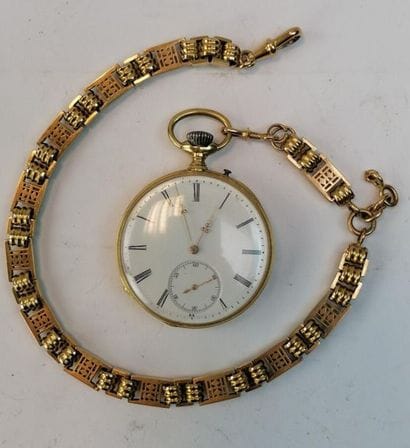 Yellow gold gusset watch with gold chain...