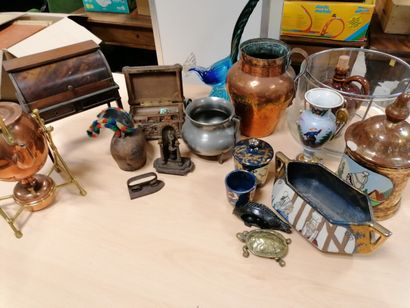 Glass peacock box, brassware including stove,...