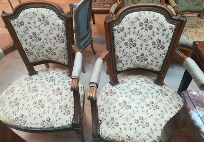 Pair of armchairs in natural wood with floral...