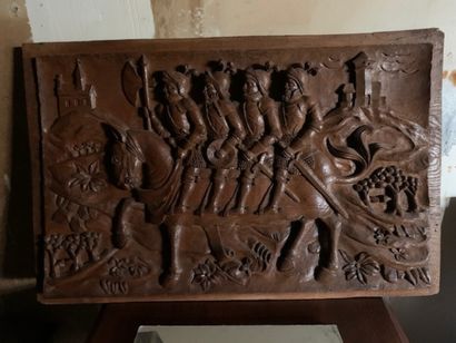 Carved wooden panel with a chivalry scene....
