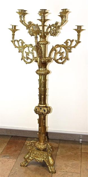 A large gilt bronze candelabra with 10 scroll-shaped...