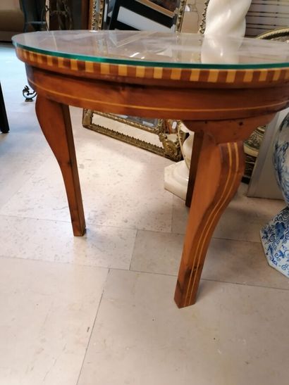 Natural wood tripod coffee table with glass...