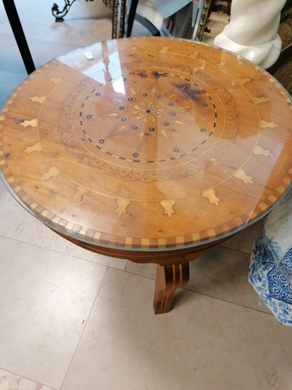 Natural wood tripod coffee table with glass...