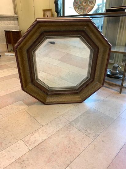Octagonal mirror in brown and beige lacquered...
