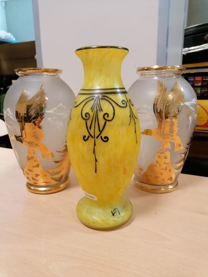 Set of 3 glass vases: one with a yellow decoration...