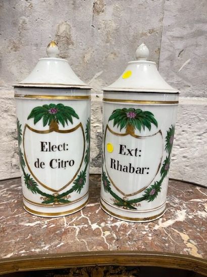2 pots à pharmacie couverts en porcelaine,...