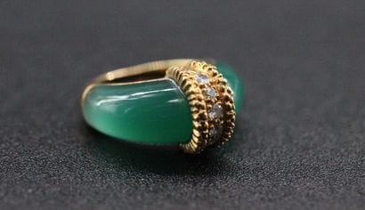 Yellow gold ring with green enamel and small...