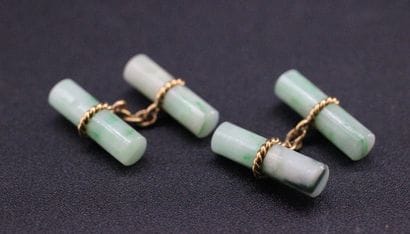 Pair of gold and green jade cufflinks. PB...