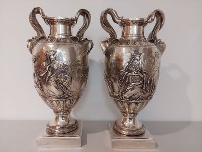 Paire de vases en bronze argenté à décor...