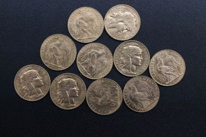 10 pieces of 20 francs gold with rooster...