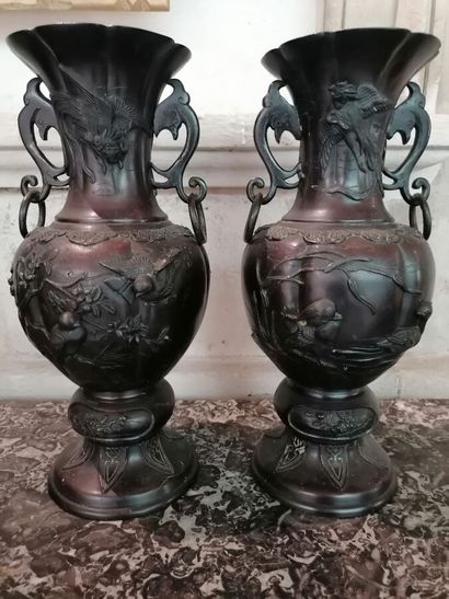 Pair of bronze potiches decorated with birds....